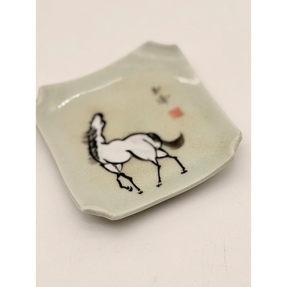 Vintage Celadon Crackle Glaze Horse Trinket Dish Asian Hand Painted Square Plate